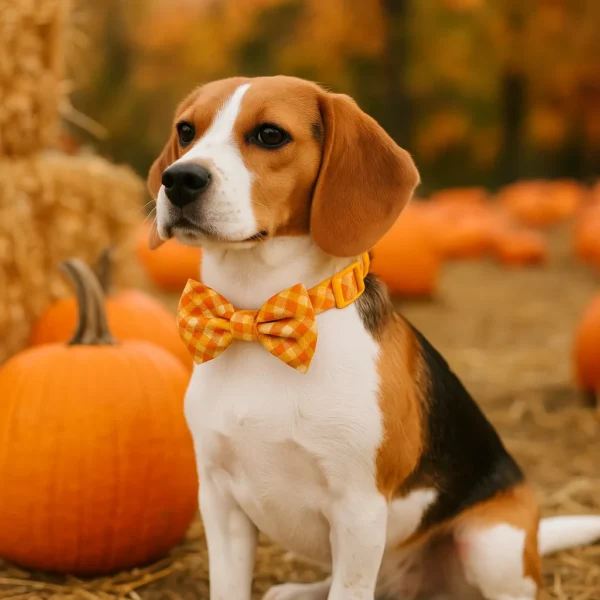 Beagle with bowtie sitting among pumpkins