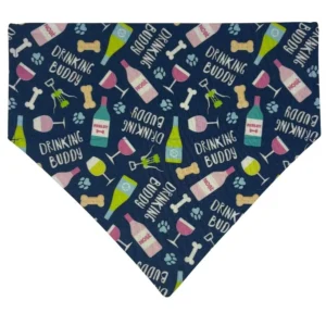 Patterned bandana with bottles, glasses, bones, paw prints.