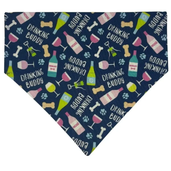 Patterned bandana with bottles, glasses, bones, paw prints.