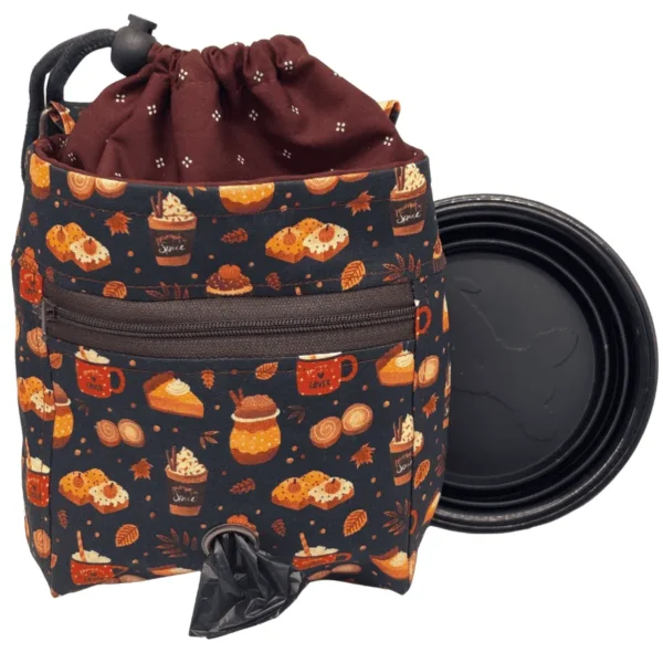 Drawstring bag with autumn-themed pattern and bowl